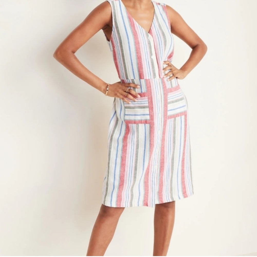 Old Navy Sleeveless Multicolor Striped Linen blend Dress medium - Picture 10 of 10